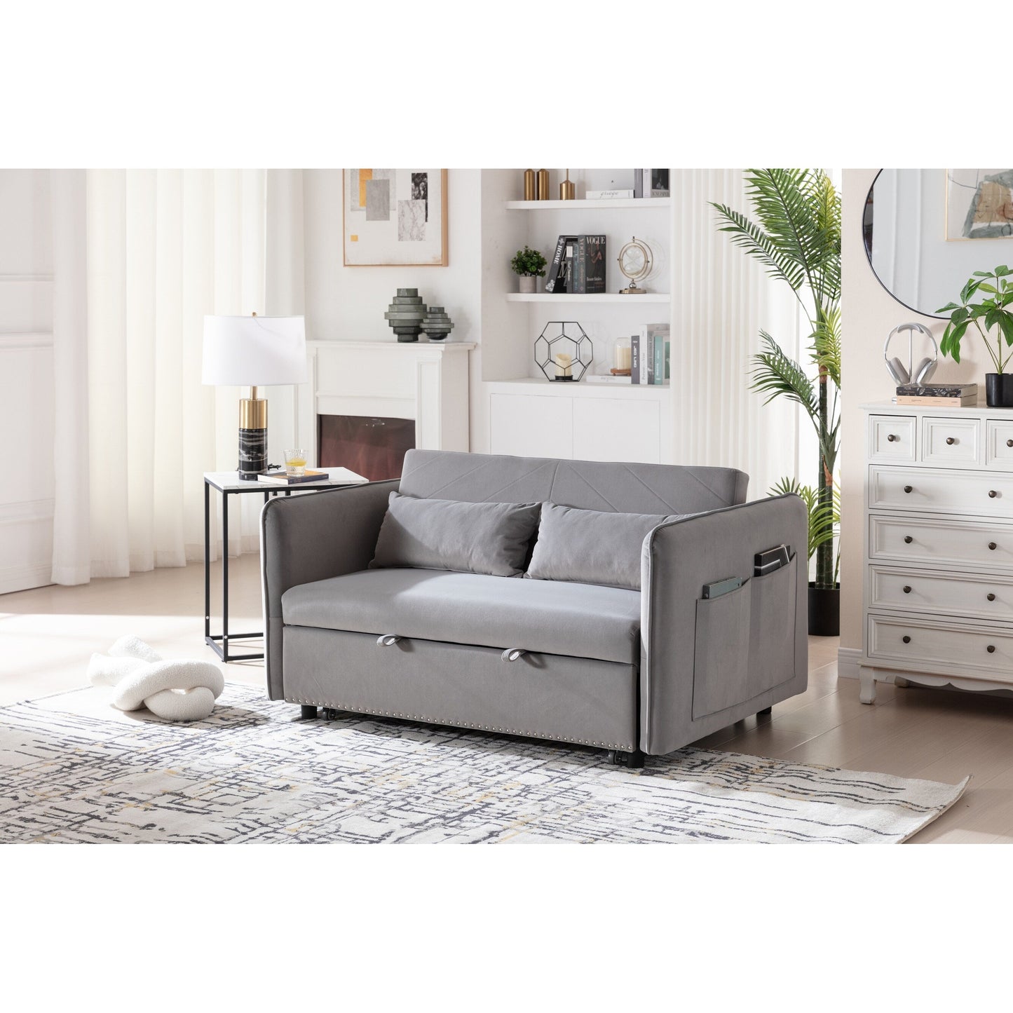 Divano letto futon trasformabile 3 in 1, 55 divani a due posti con 2 cuscini, porte USB e tasche laterali