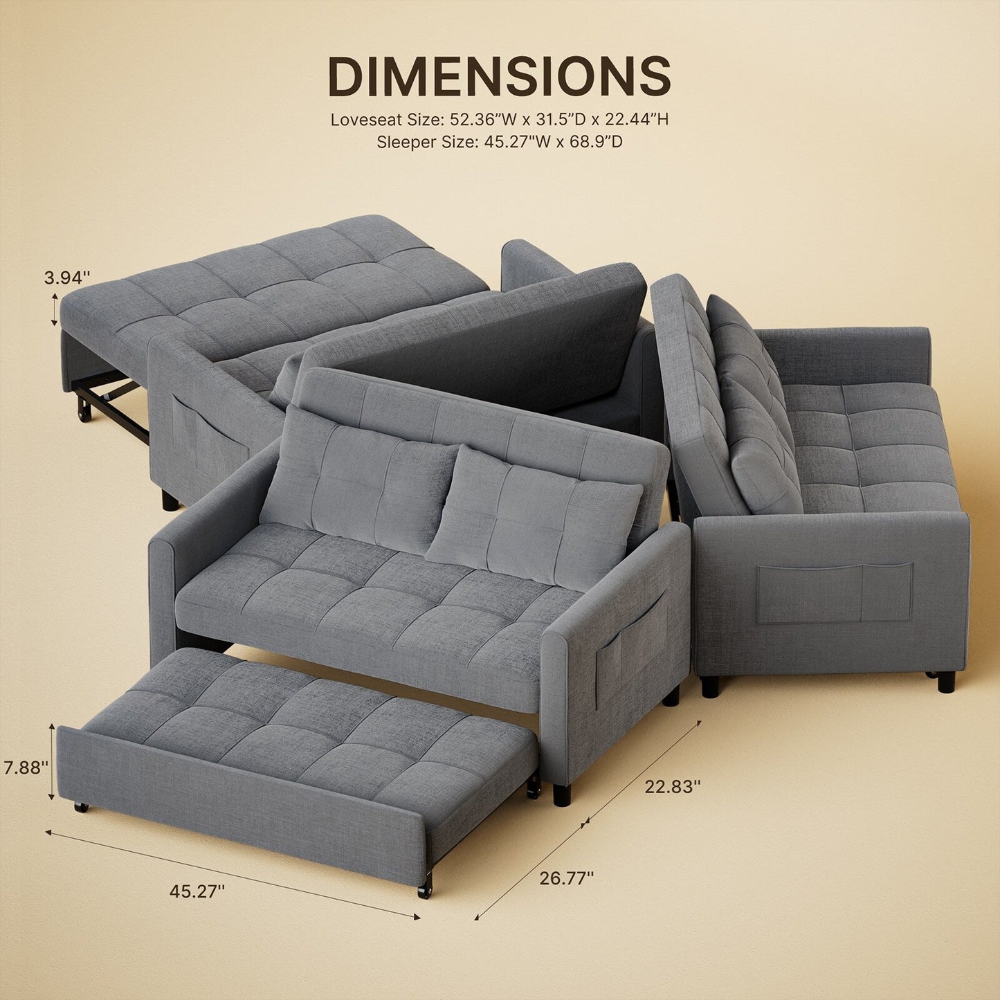Divano letto trasformabile 3 in 1, divano letto futon con letto estraibile e schienale regolabile