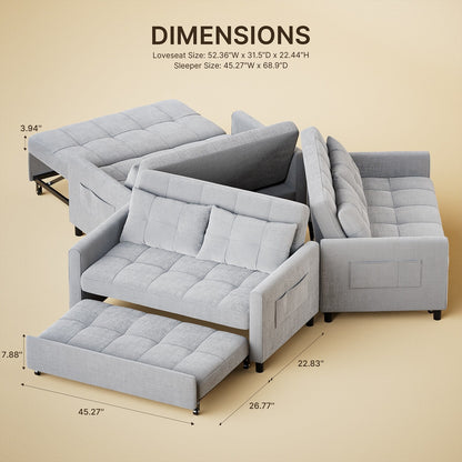 Divano letto trasformabile 3 in 1, divano letto futon con letto estraibile e schienale regolabile