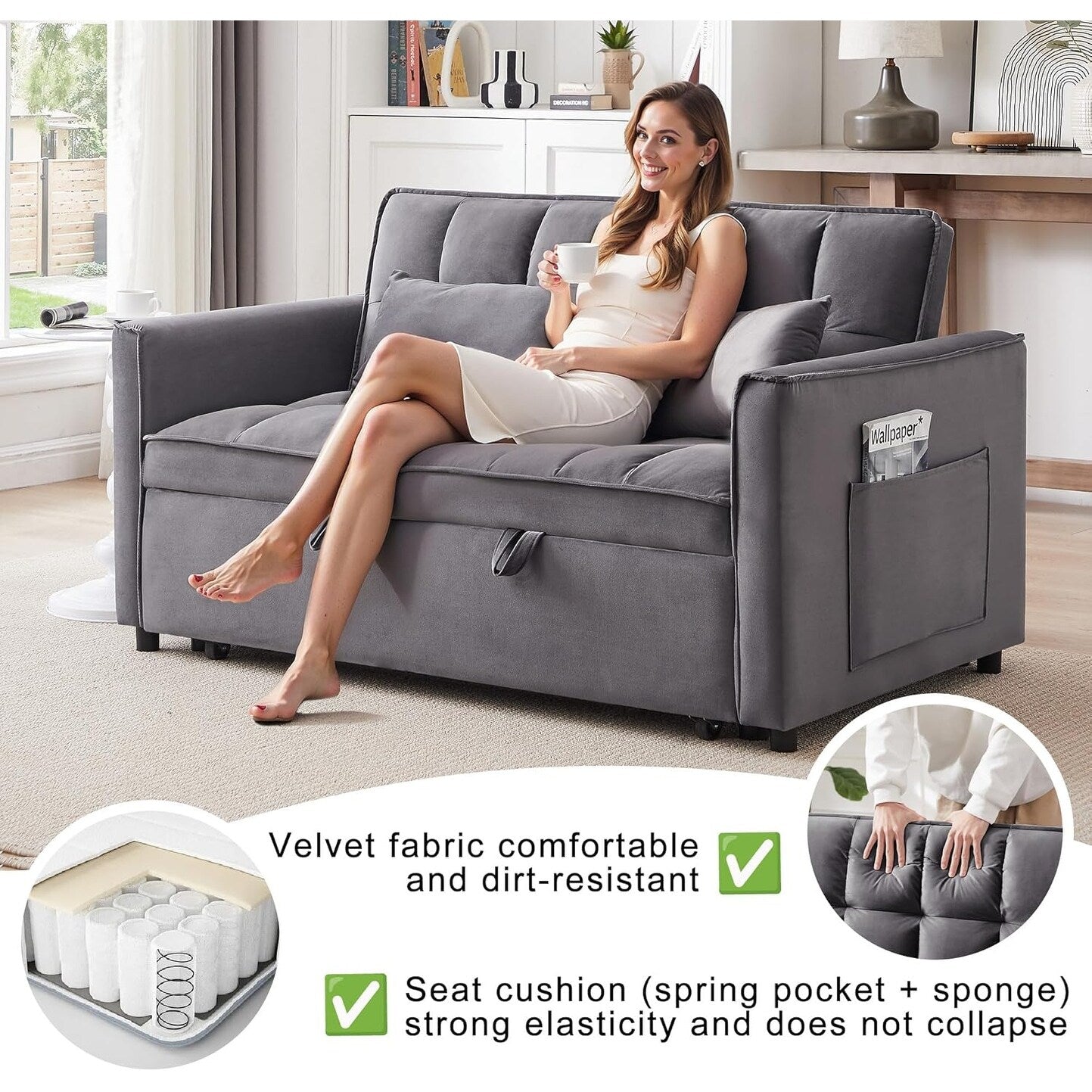 Divano letto trasformabile 3 in 1 - Divano futon in velluto con schienale regolabile, tasca laterale e funzione estraibile, grigio scuro