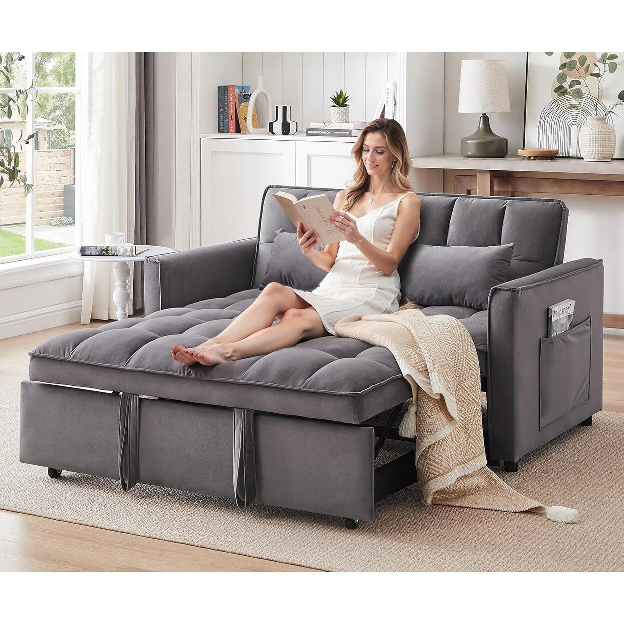 Divano letto trasformabile 3 in 1 - Divano futon in velluto con schienale regolabile, tasca laterale e funzione estraibile, grigio scuro