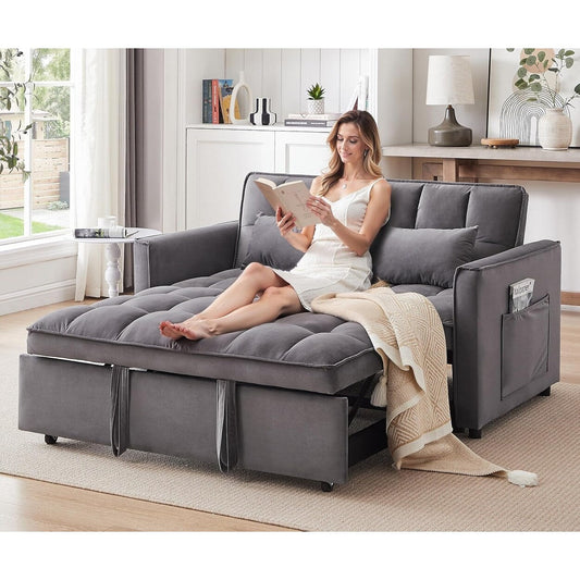 Divano letto trasformabile 3 in 1 - Divano futon in velluto con schienale regolabile, tasca laterale e funzione estraibile, grigio scuro