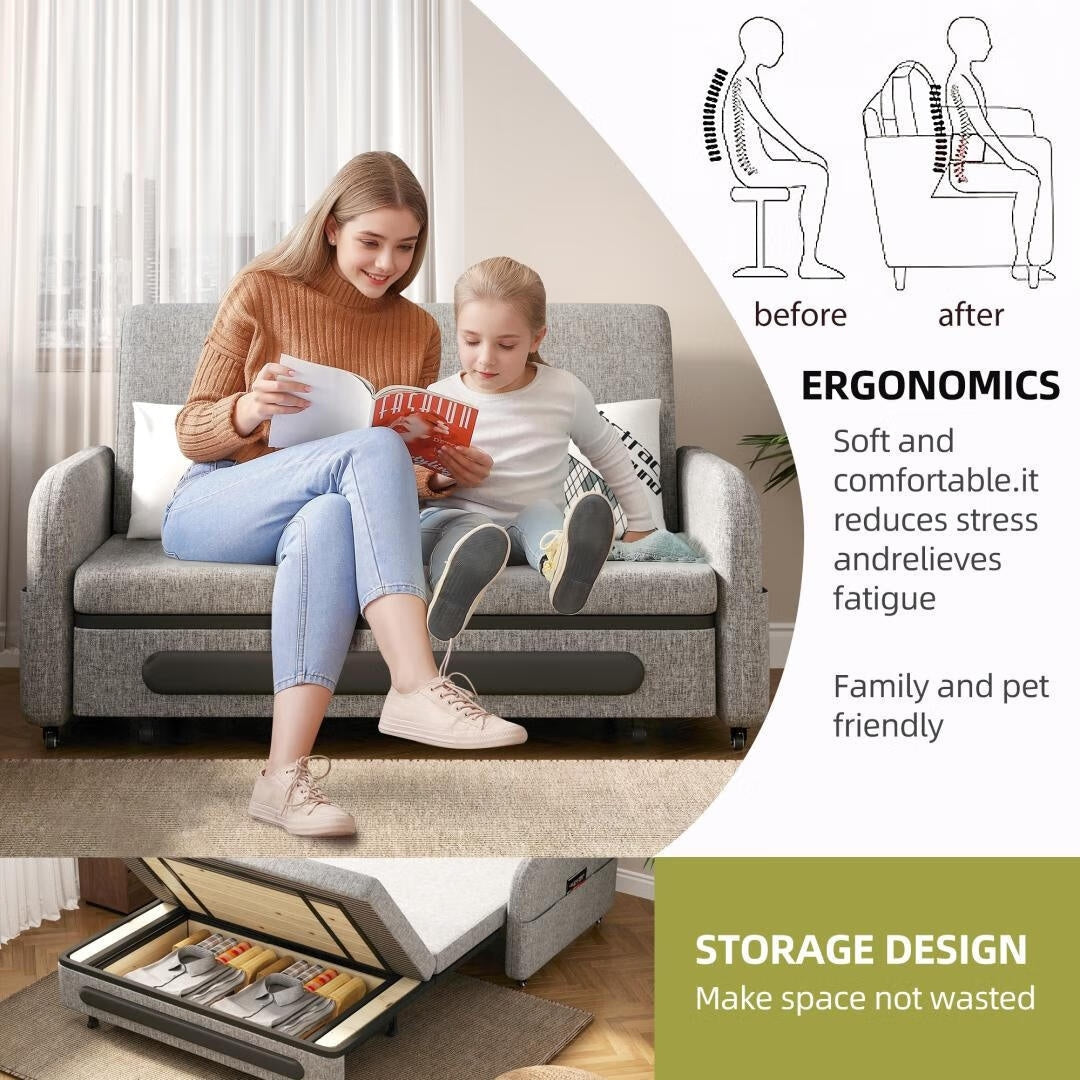 Divano letto trasformabile 4 in 1 con contenitore nascosto, poltrona letto moderna per piccoli spazi, dormitori e uffici domestici