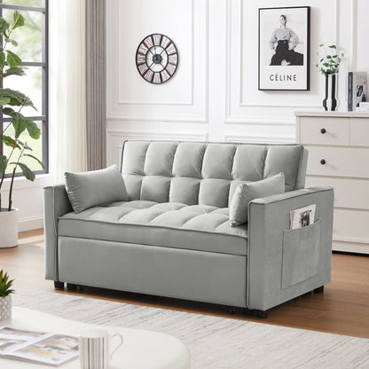 Divano letto futon 3 in 1 moderno in velluto con tasche per cuscini, grigio