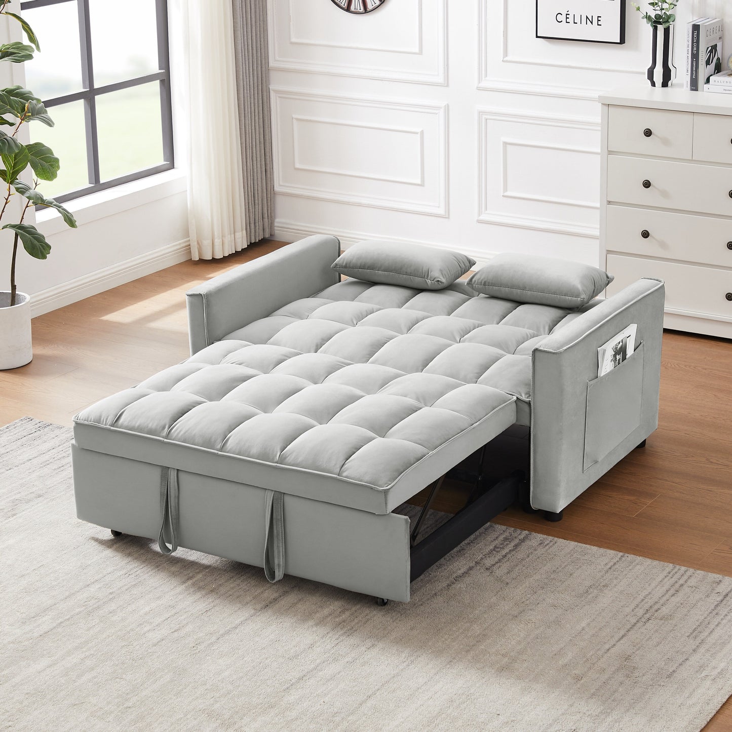 Divano letto futon 3 in 1 moderno in velluto con tasche per cuscini, grigio