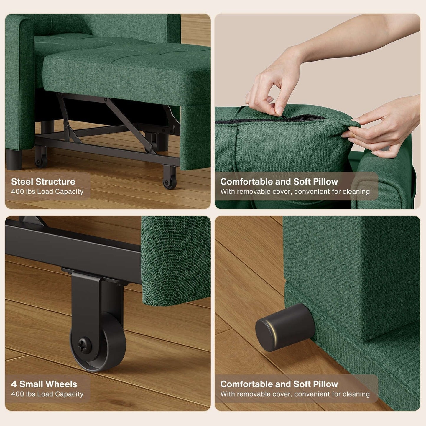 Divano letto estraibile 3 in 1, divano letto imbottito moderno convertibile e regolabile