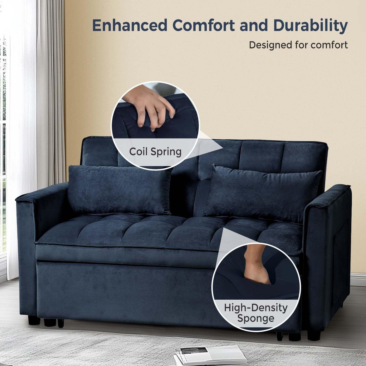 Divano letto 3 in 1 in velluto con schienale regolabile