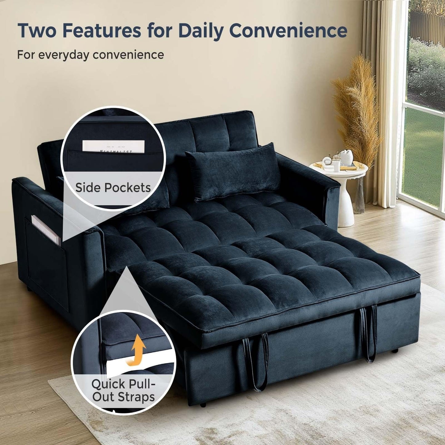 Divano letto 3 in 1 in velluto con schienale regolabile