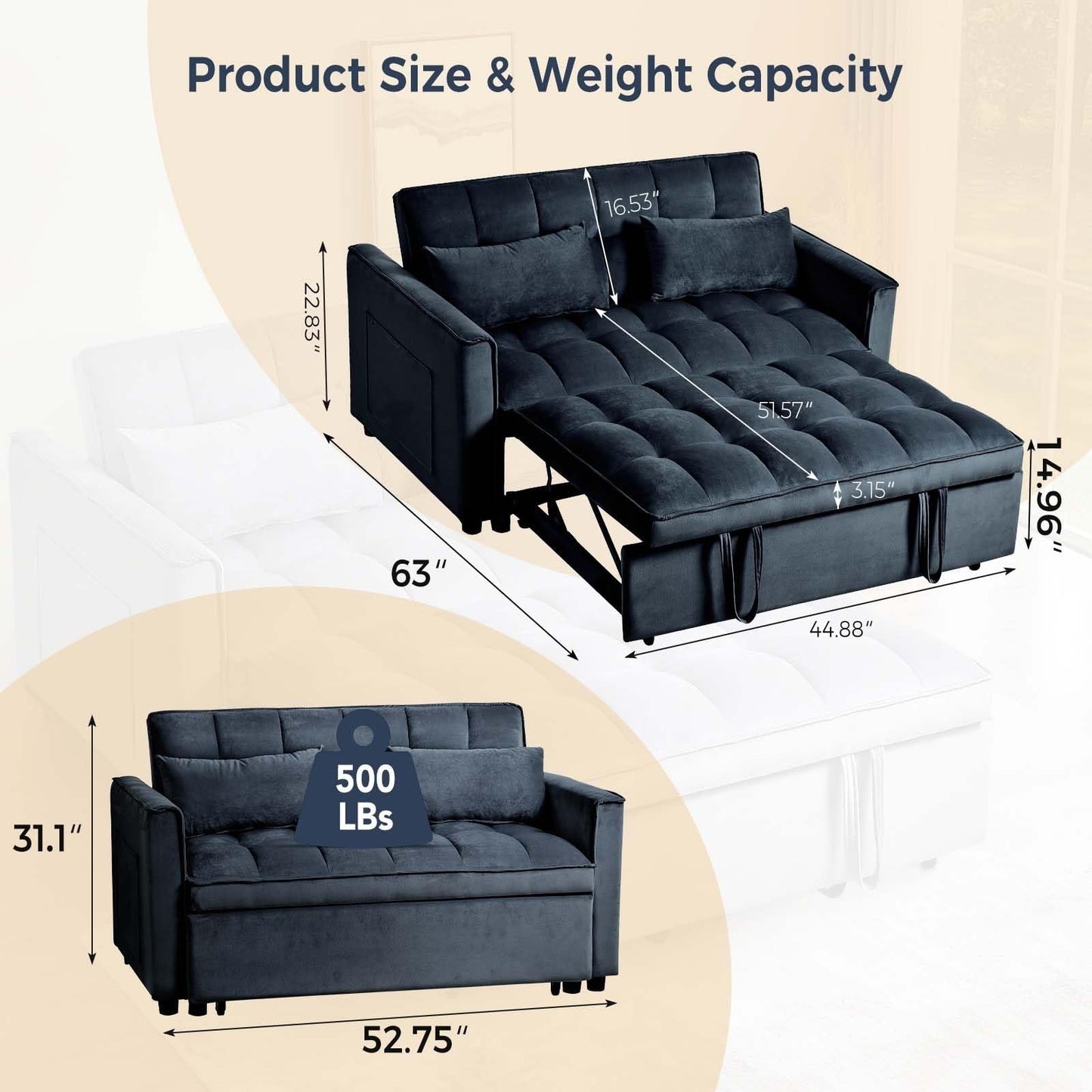 Divano letto 3 in 1 in velluto con schienale regolabile
