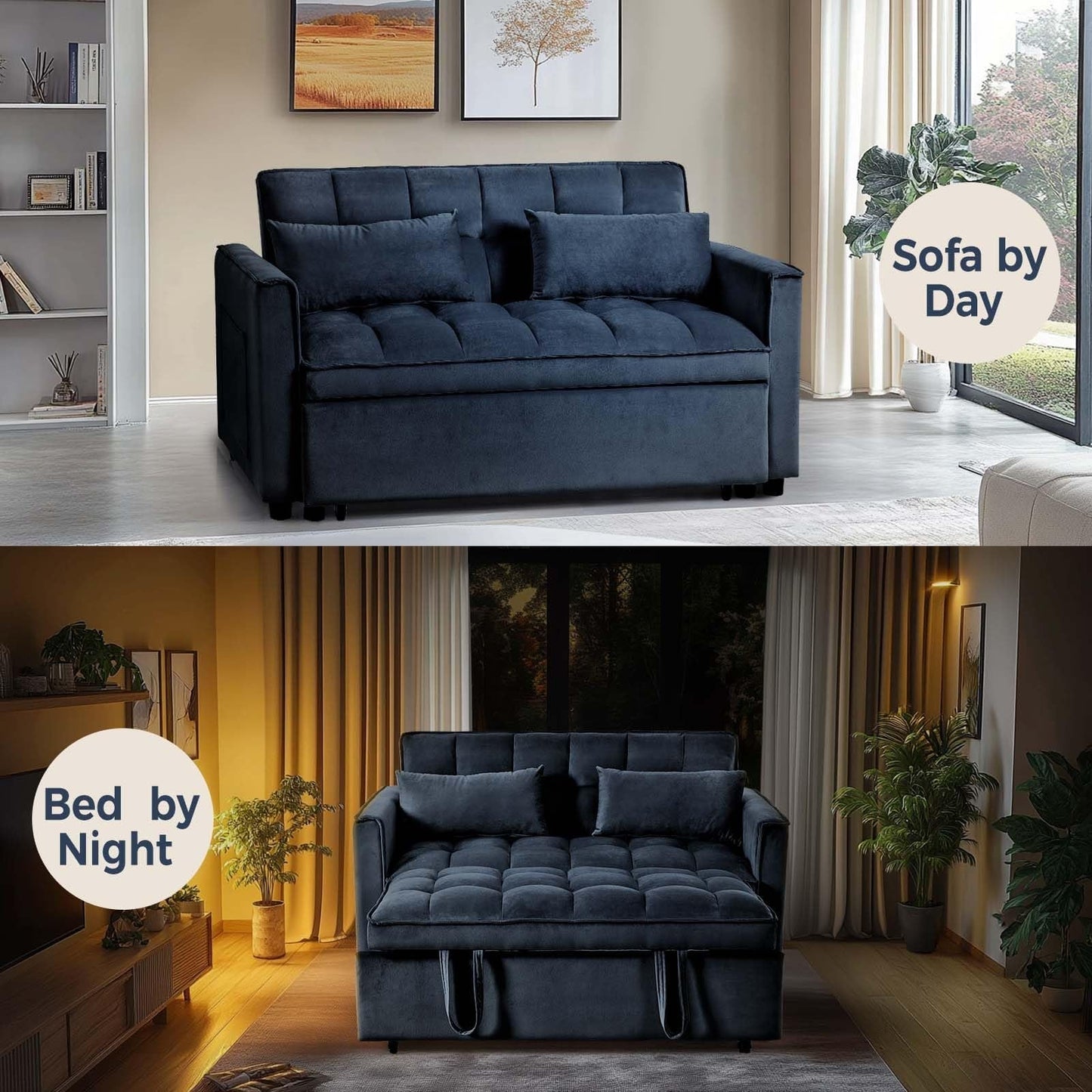 Divano letto 3 in 1 in velluto con schienale regolabile