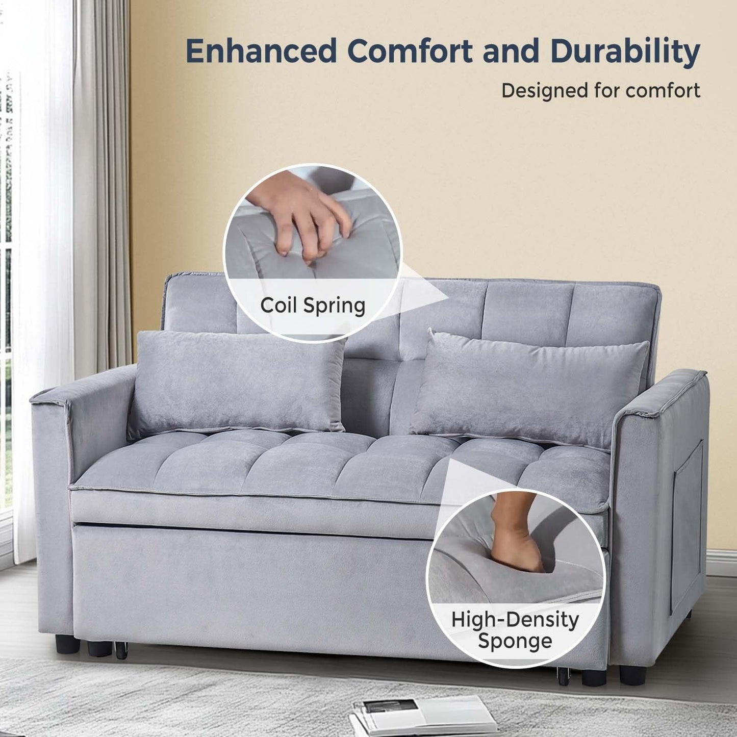 Divano letto 3 in 1 in velluto con schienale regolabile