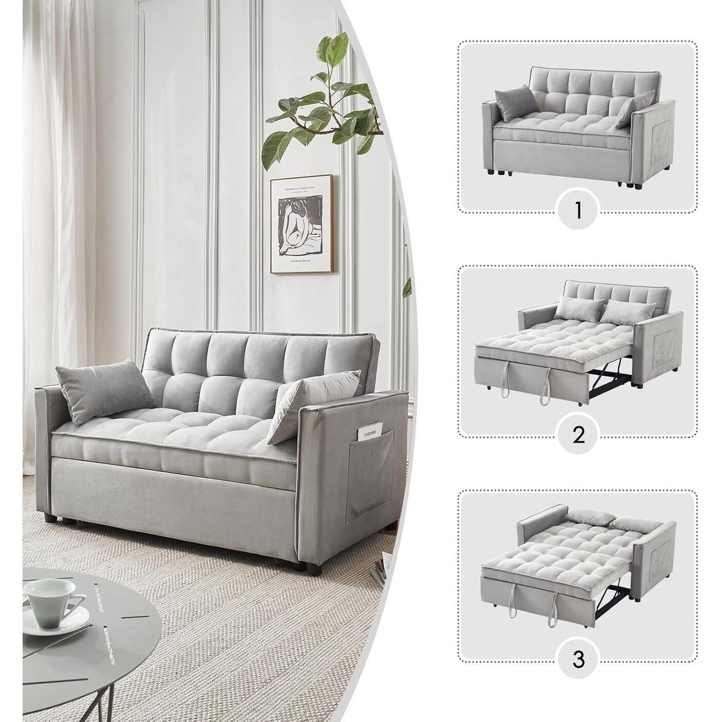Divano letto 3 in 1 in velluto - Divano estraibile con schienale regolabile, braccioli e tasche portaoggetti per il soggiorno