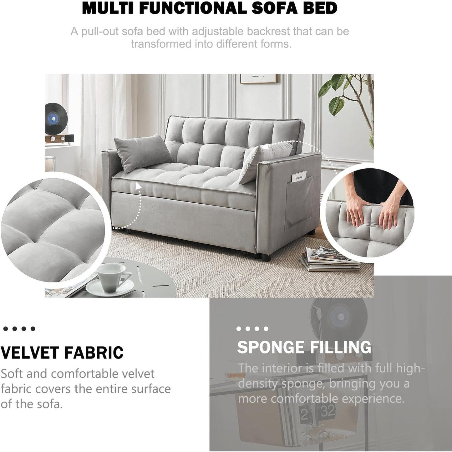 Divano letto 3 in 1 in velluto - Divano estraibile con schienale regolabile, braccioli e tasche portaoggetti per il soggiorno