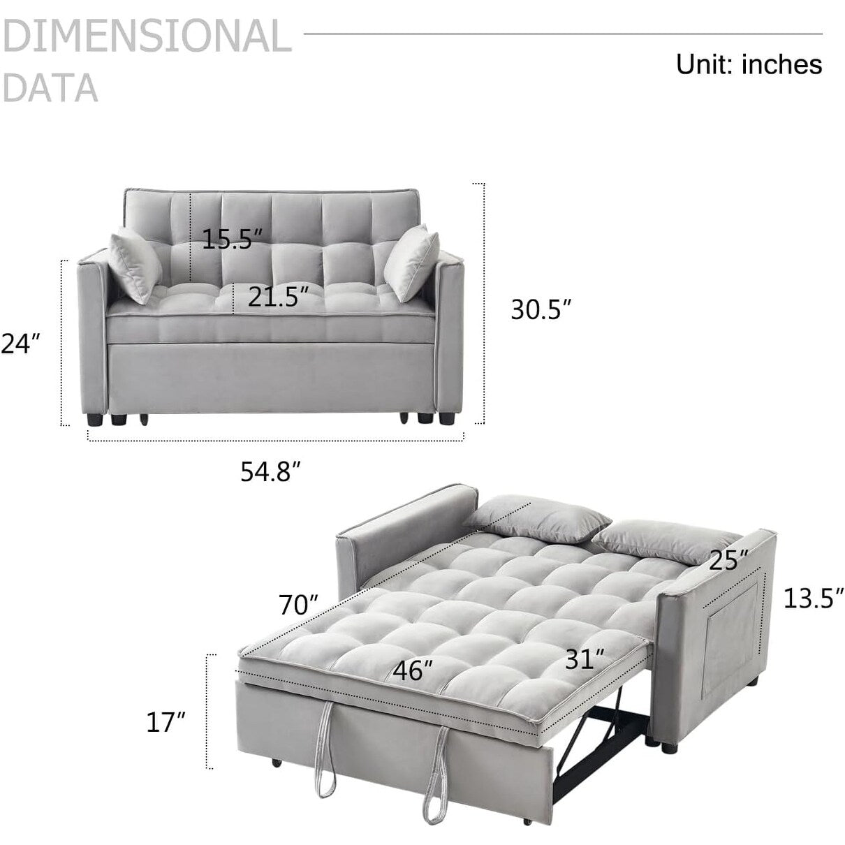 Divano letto 3 in 1 in velluto - Divano estraibile con schienale regolabile, braccioli e tasche portaoggetti per il soggiorno