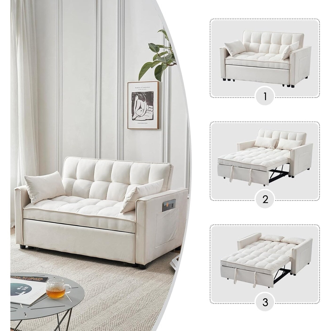 Divano letto 3 in 1 in velluto - Divano estraibile con schienale regolabile, braccioli e tasche portaoggetti per il soggiorno