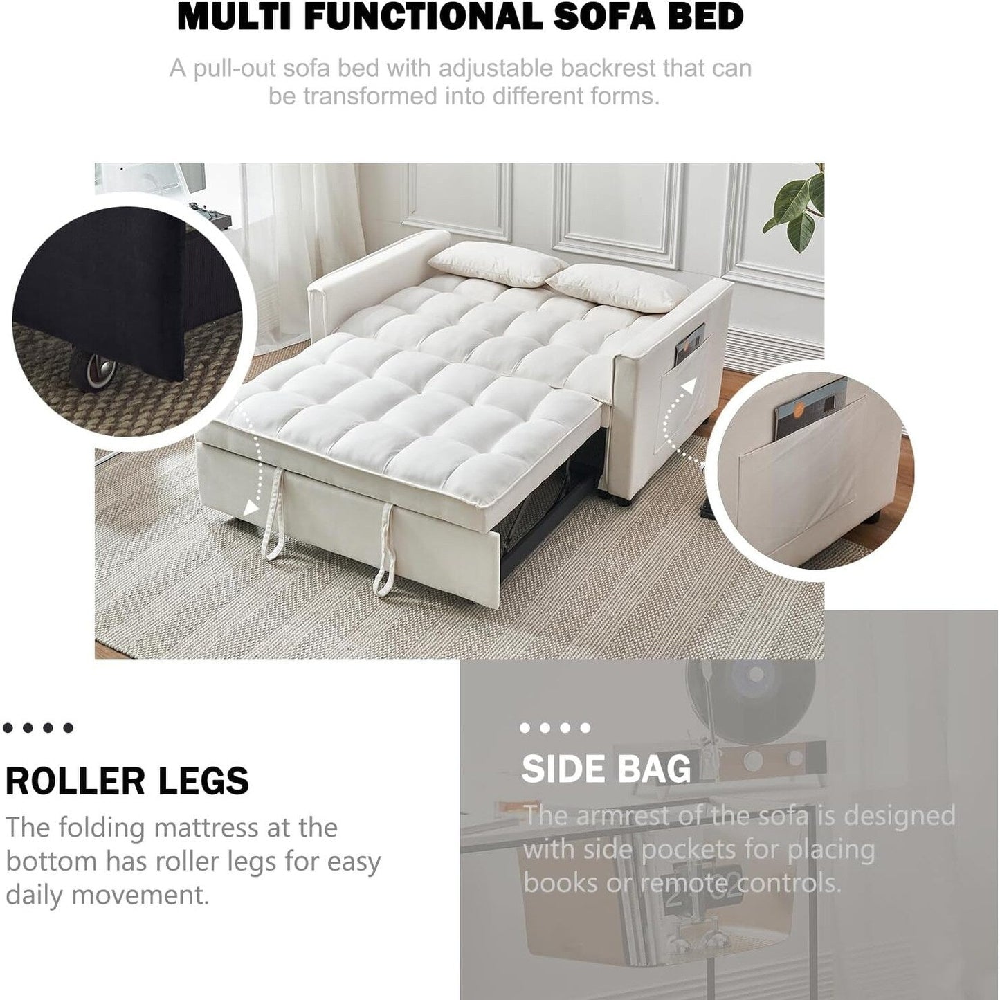 Divano letto 3 in 1 in velluto - Divano estraibile con schienale regolabile, braccioli e tasche portaoggetti per il soggiorno