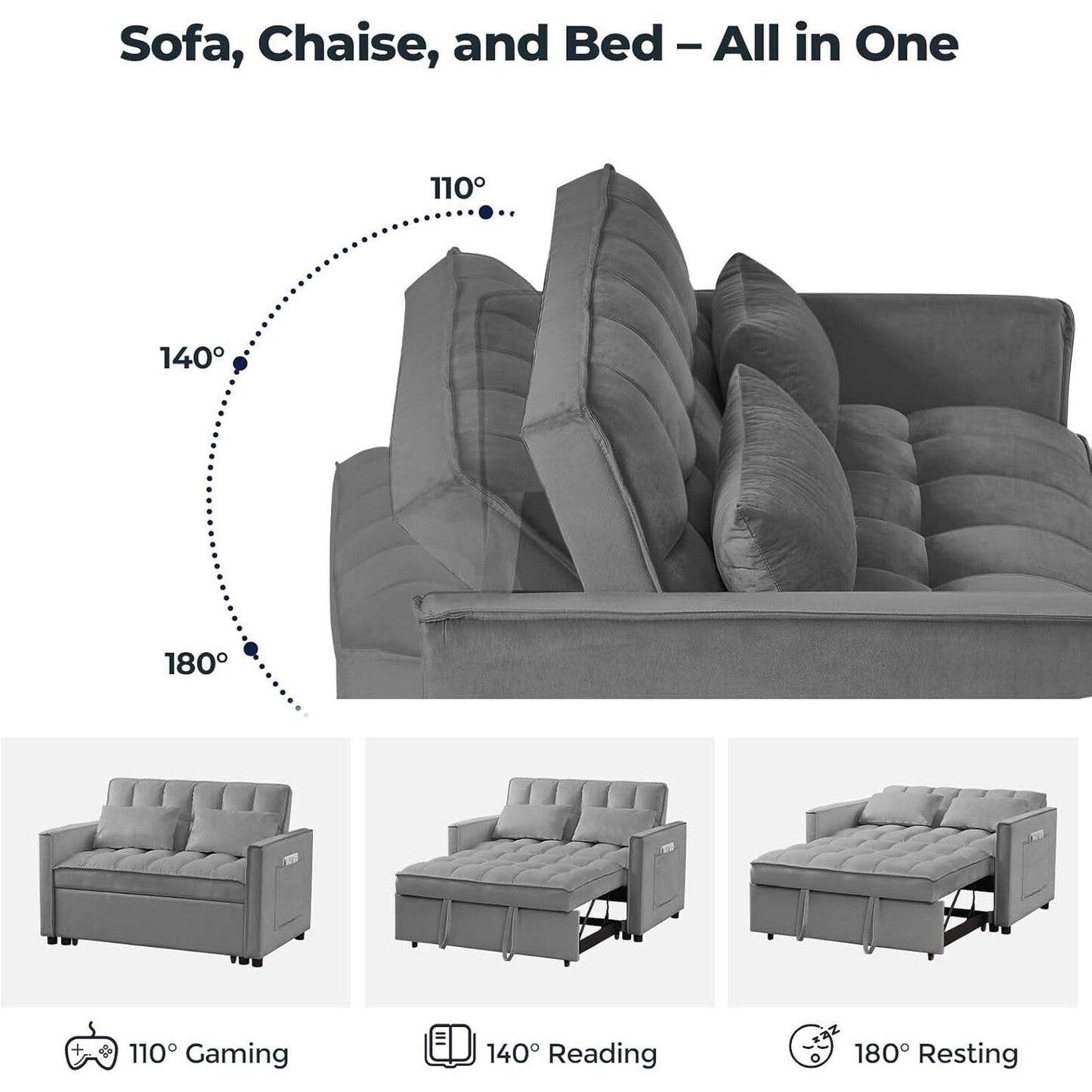 Divano letto 3 in 1 in velluto con schienale regolabile