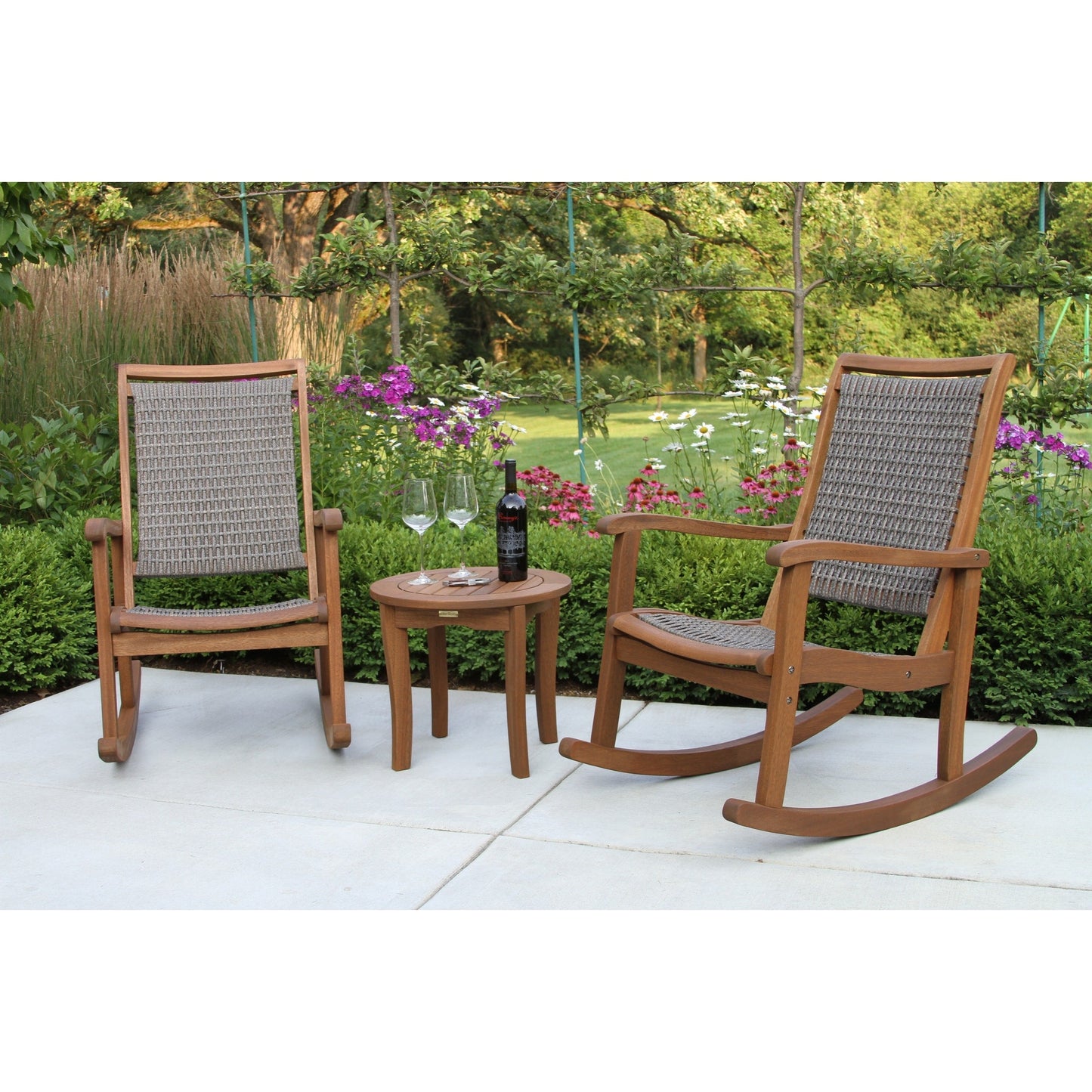 Set a dondolo Eilaf in eucalipto da 3 pezzi con tavolino rotondo