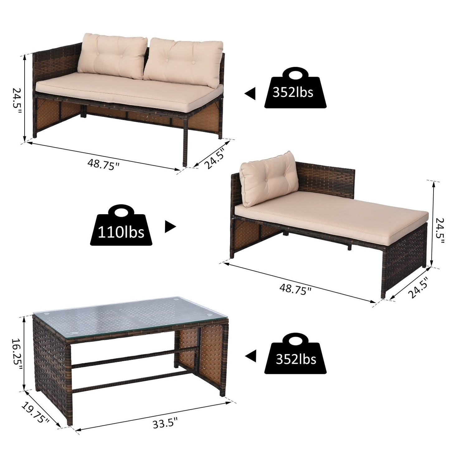 Set di mobili da giardino in vimini Outsunny da 3 pezzi, set da conversazione in rattan, set di divani componibili con chaise longue imbottita