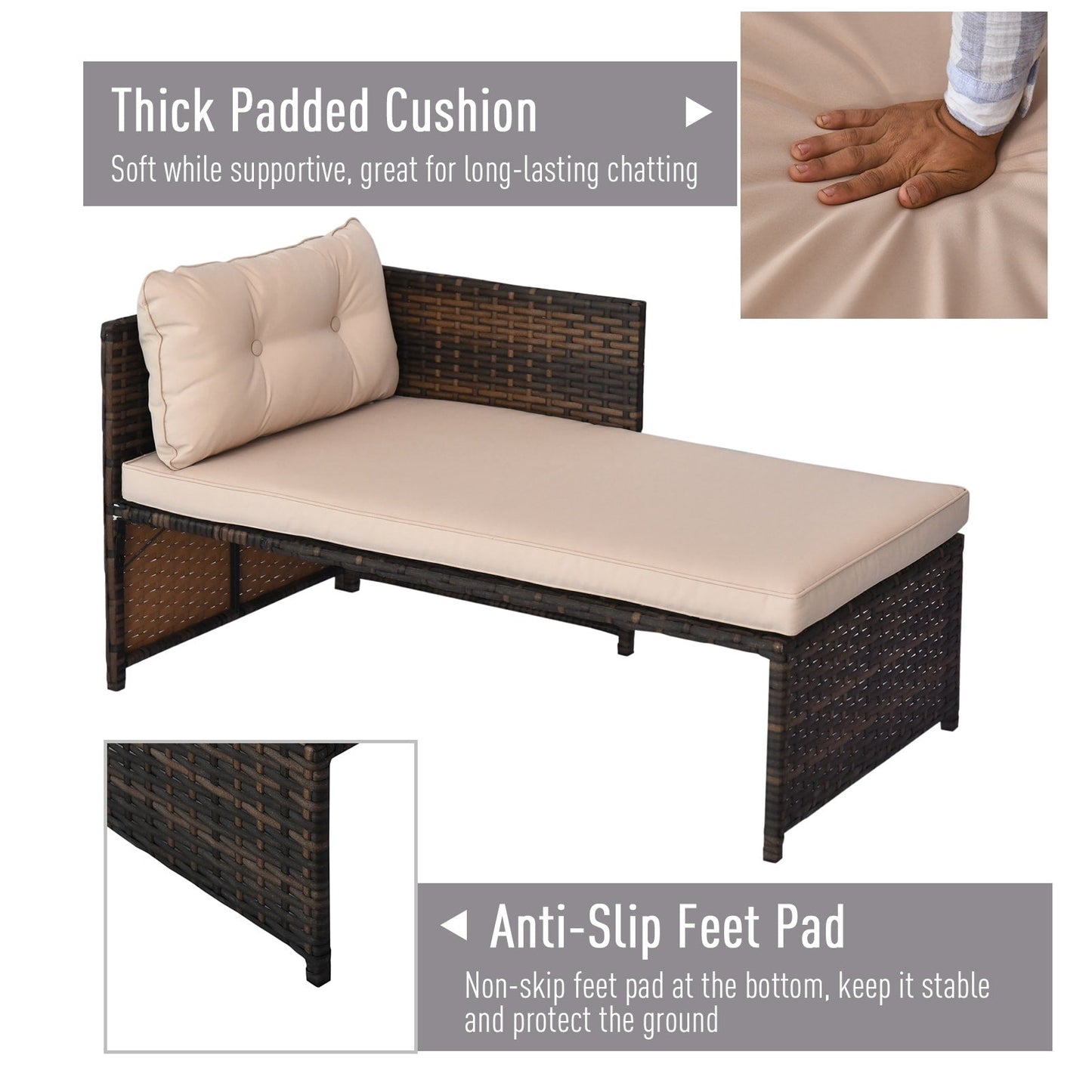 Set di mobili da giardino in vimini Outsunny da 3 pezzi, set da conversazione in rattan, set di divani componibili con chaise longue imbottita