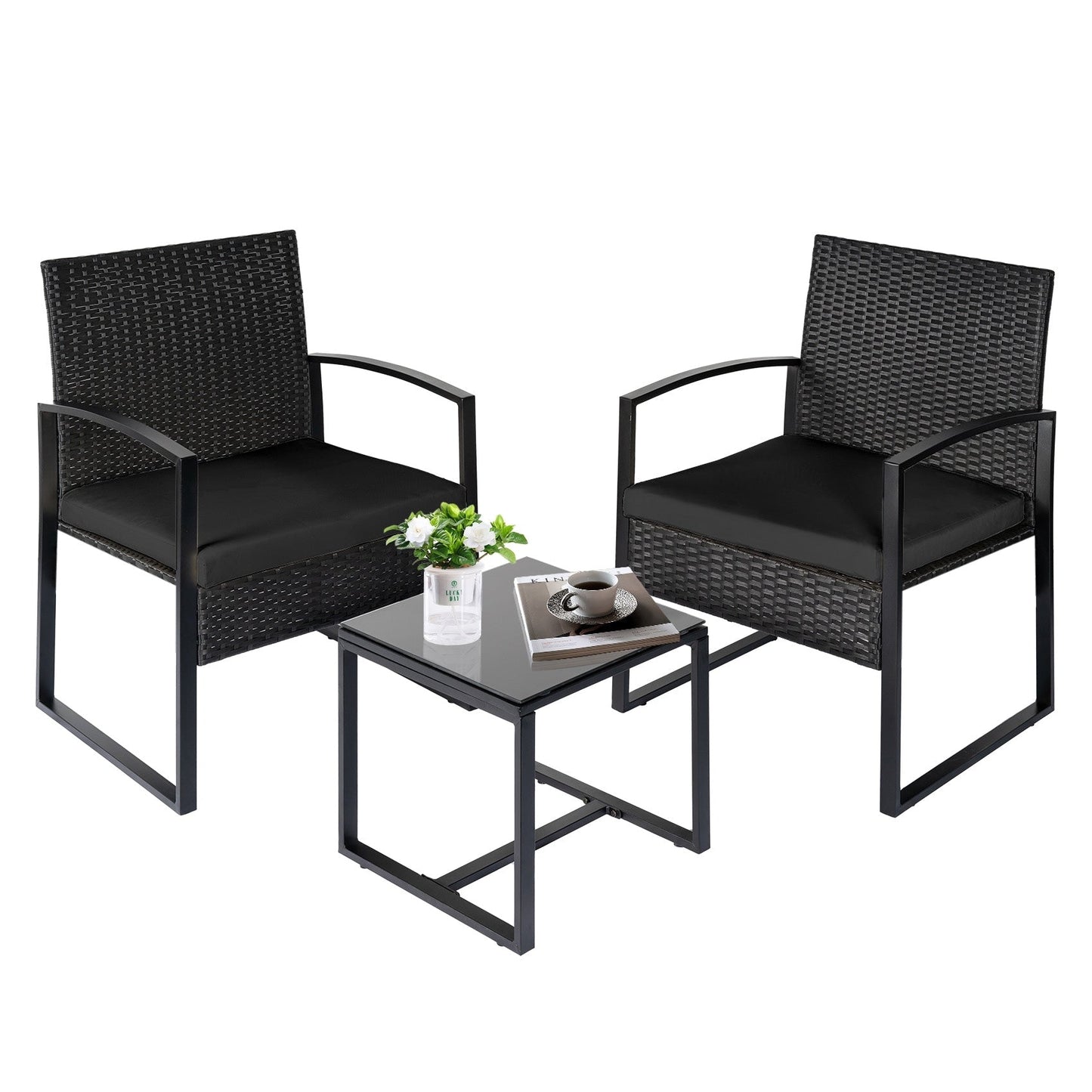 Set da bistrot da giardino, 3 pezzi, set di mobili da esterno con tavolo in vetro, set da conversazione in rattan per veranda, giardino, balcone