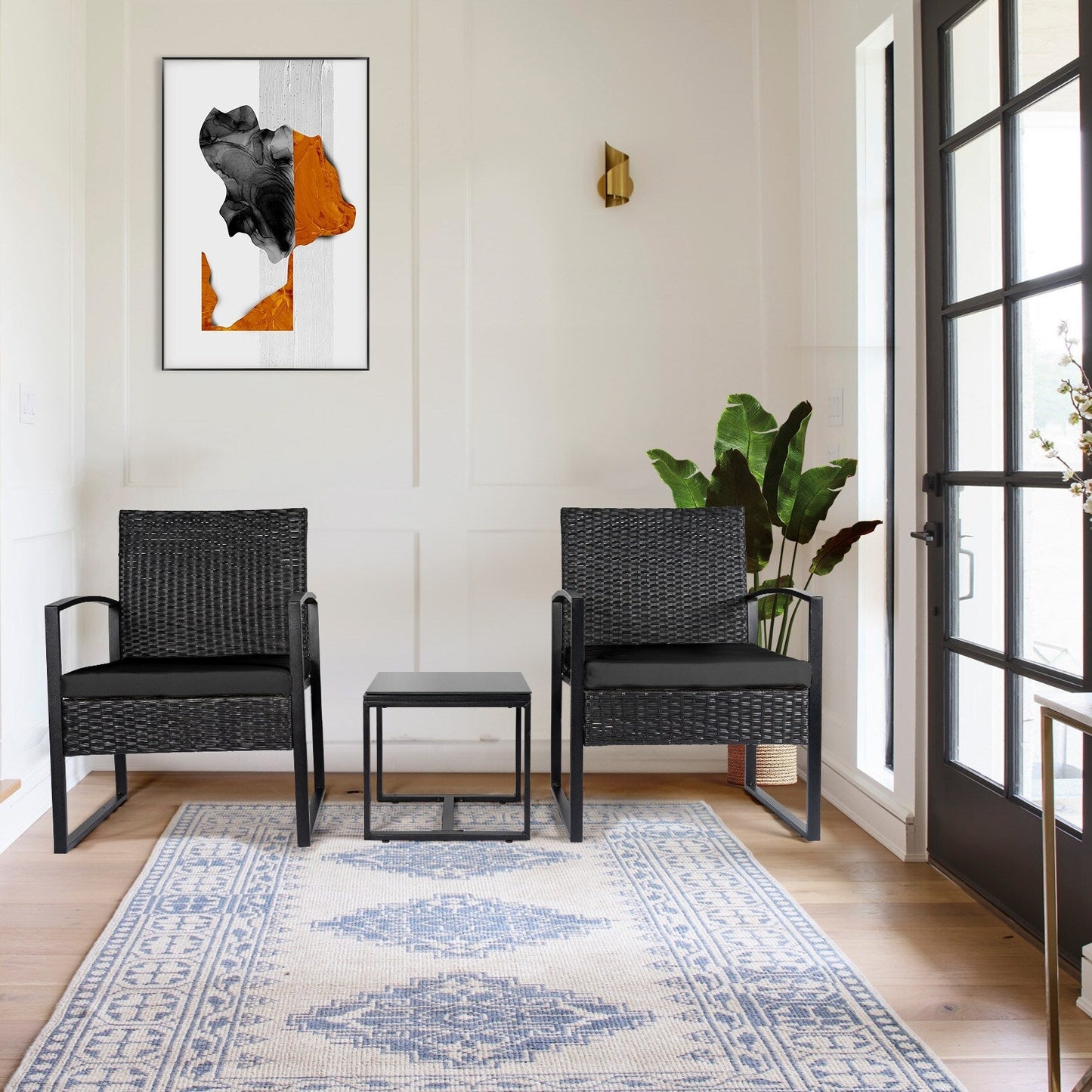 Set da bistrot da giardino, 3 pezzi, set di mobili da esterno con tavolo in vetro, set da conversazione in rattan per veranda, giardino, balcone