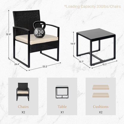 Set da bistrot da giardino, 3 pezzi, set di mobili da esterno con tavolo in vetro, set da conversazione in rattan per veranda, giardino, balcone