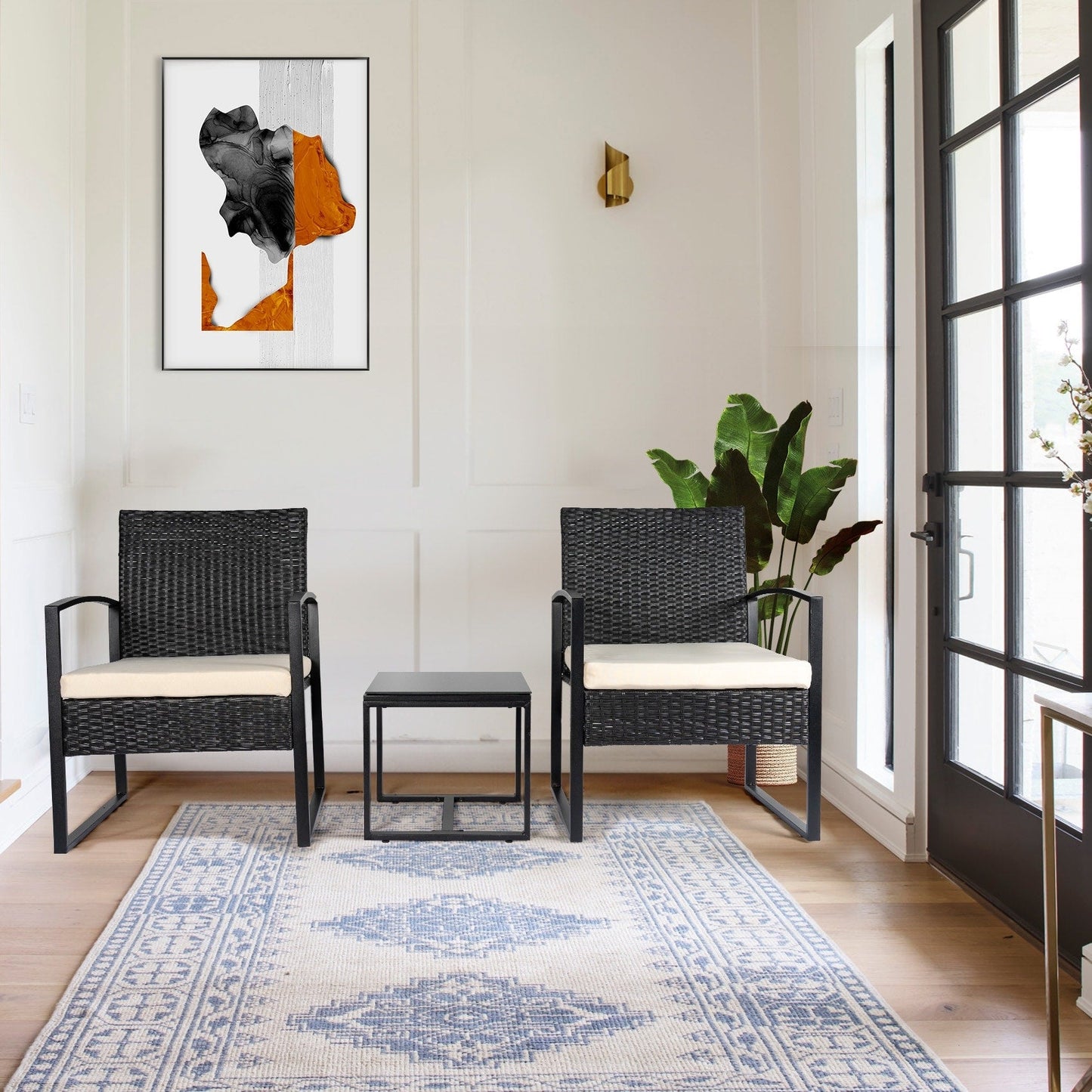 Set da bistrot da giardino, 3 pezzi, set di mobili da esterno con tavolo in vetro, set da conversazione in rattan per veranda, giardino, balcone