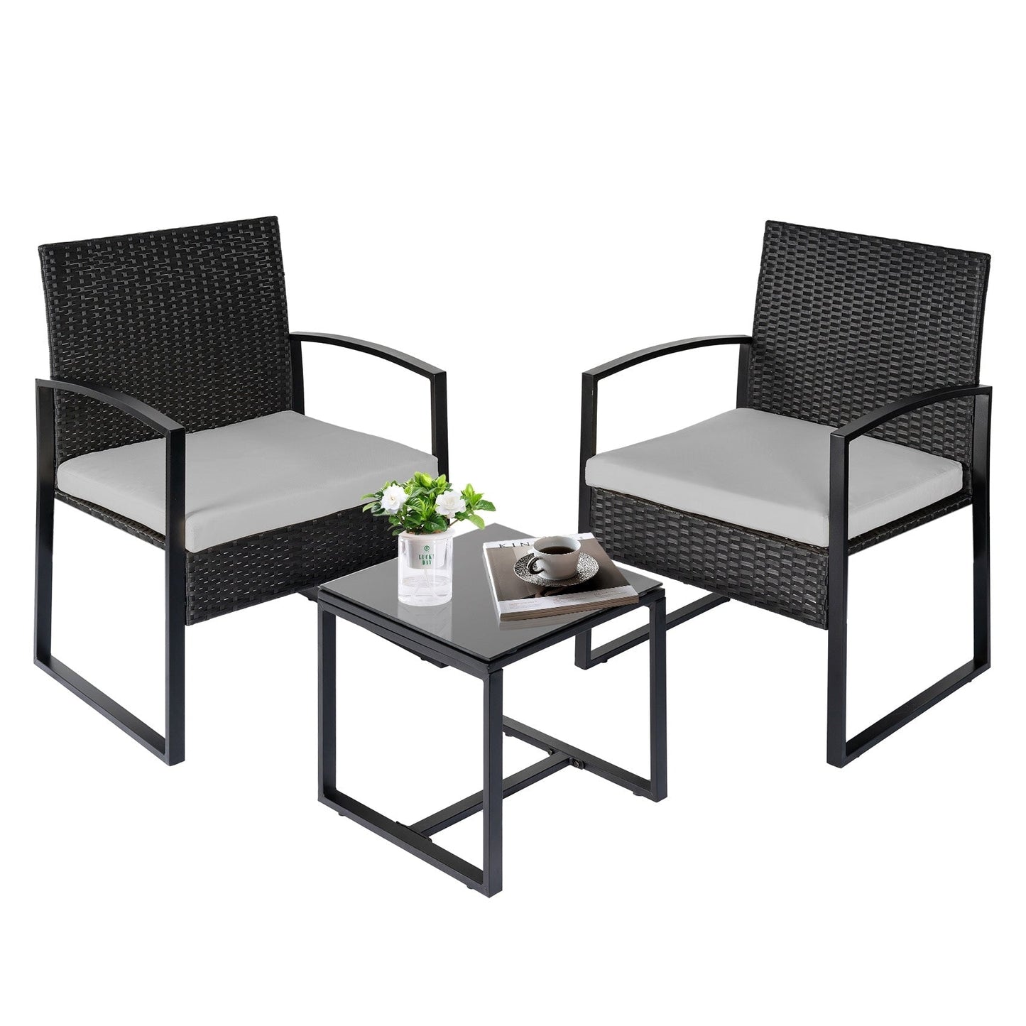 Set da bistrot da giardino, 3 pezzi, set di mobili da esterno con tavolo in vetro, set da conversazione in rattan per veranda, giardino, balcone