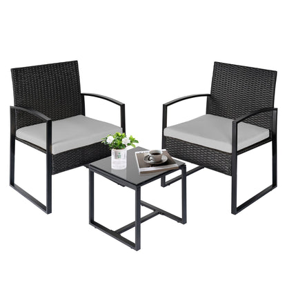 Set da bistrot da giardino, 3 pezzi, set di mobili da esterno con tavolo in vetro, set da conversazione in rattan per veranda, giardino, balcone