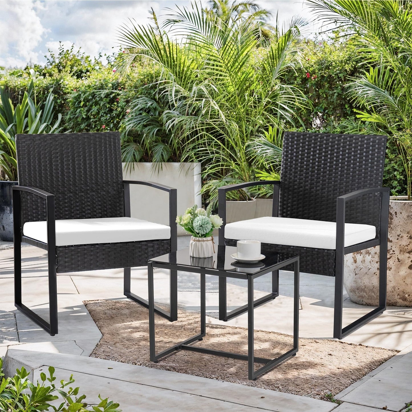 Set da bistrot da giardino, 3 pezzi, set di mobili da esterno con tavolo in vetro, set da conversazione in rattan per veranda, giardino, balcone