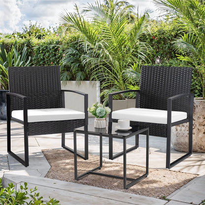 Set da bistrot da giardino, 3 pezzi, set di mobili da esterno con tavolo in vetro, set da conversazione in rattan per veranda, giardino, balcone