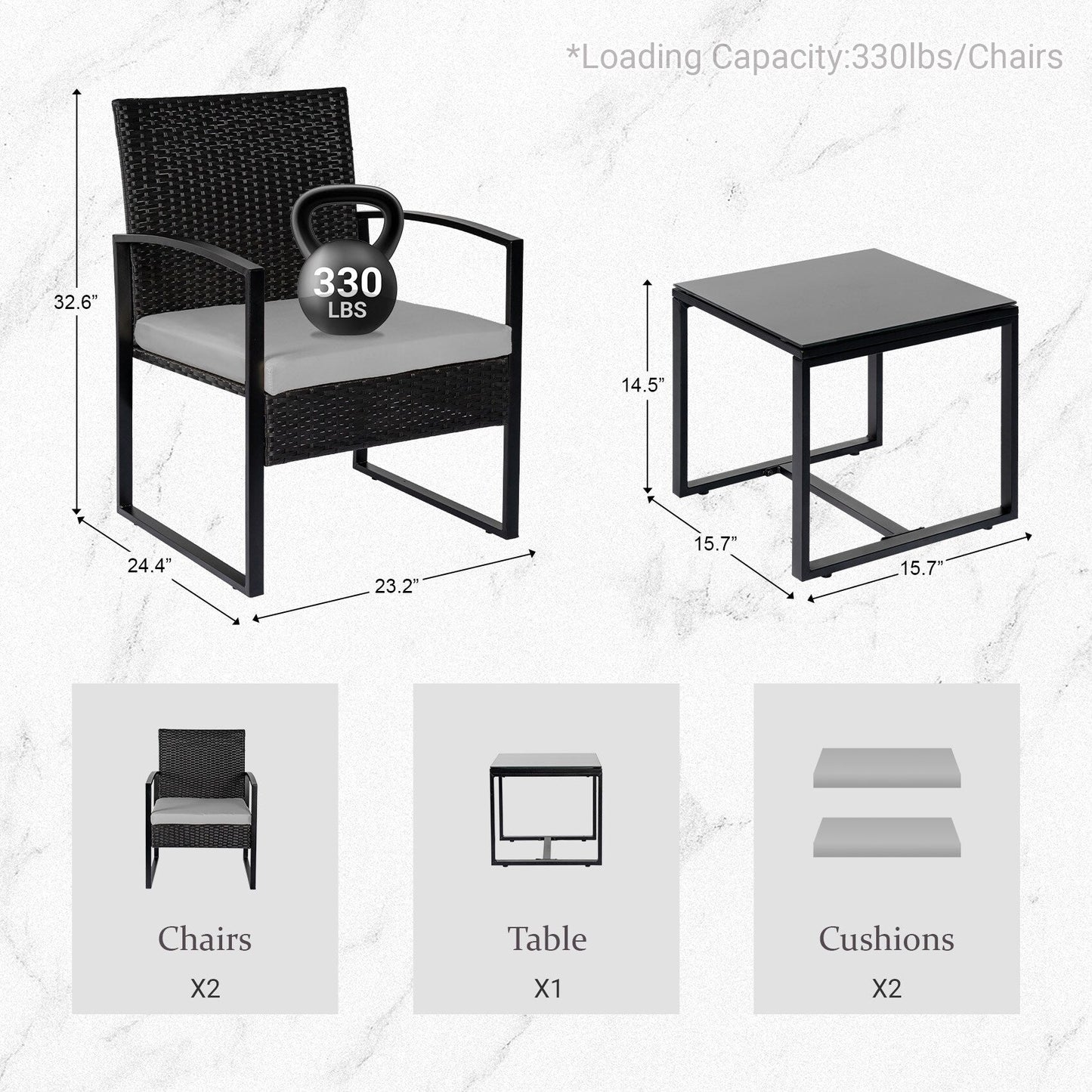 Set da bistrot da giardino, 3 pezzi, set di mobili da esterno con tavolo in vetro, set da conversazione in rattan per veranda, giardino, balcone
