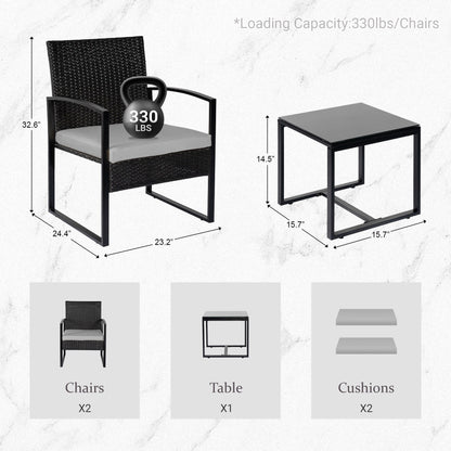 Set da bistrot da giardino, 3 pezzi, set di mobili da esterno con tavolo in vetro, set da conversazione in rattan per veranda, giardino, balcone