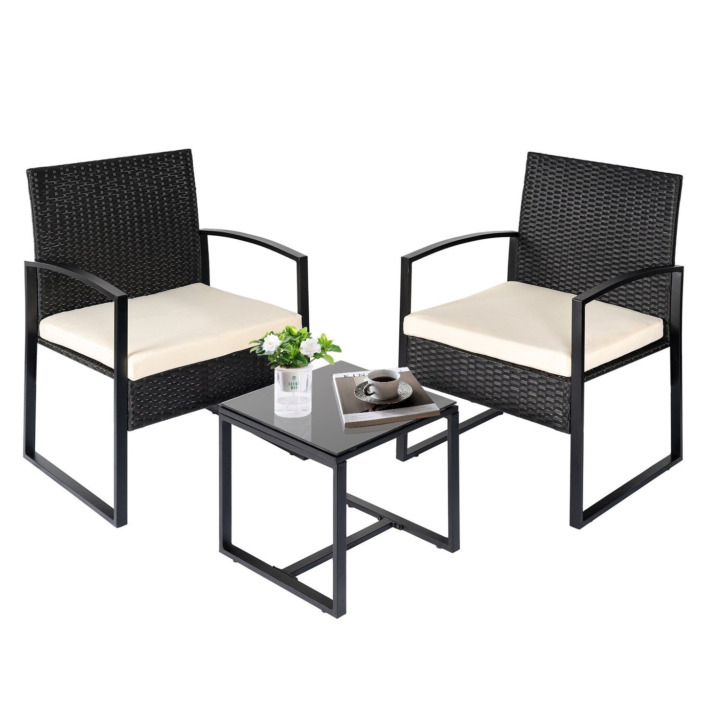 Set da bistrot da giardino, 3 pezzi, set di mobili da esterno con tavolo in vetro, set da conversazione in rattan per veranda, giardino, balcone