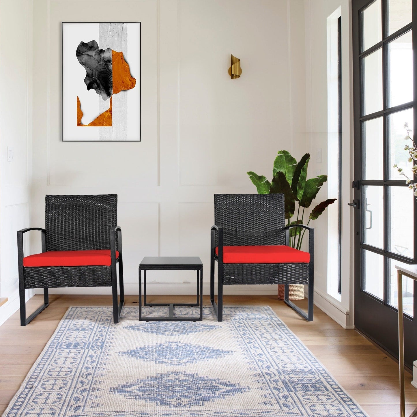 Set da bistrot da giardino, 3 pezzi, set di mobili da esterno con tavolo in vetro, set da conversazione in rattan per veranda, giardino, balcone