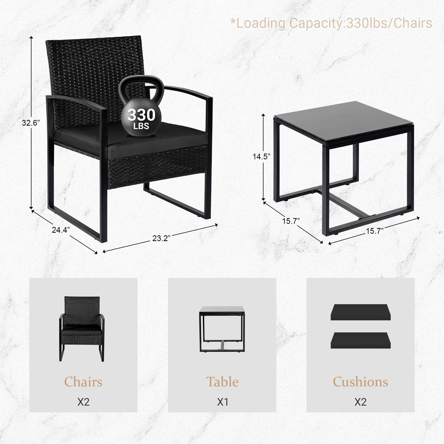 Set da bistrot da giardino, 3 pezzi, set di mobili da esterno con tavolo in vetro, set da conversazione in rattan per veranda, giardino, balcone