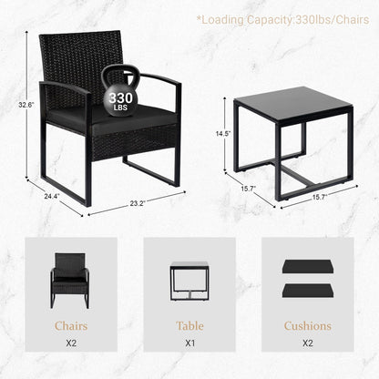 Set da bistrot da giardino, 3 pezzi, set di mobili da esterno con tavolo in vetro, set da conversazione in rattan per veranda, giardino, balcone