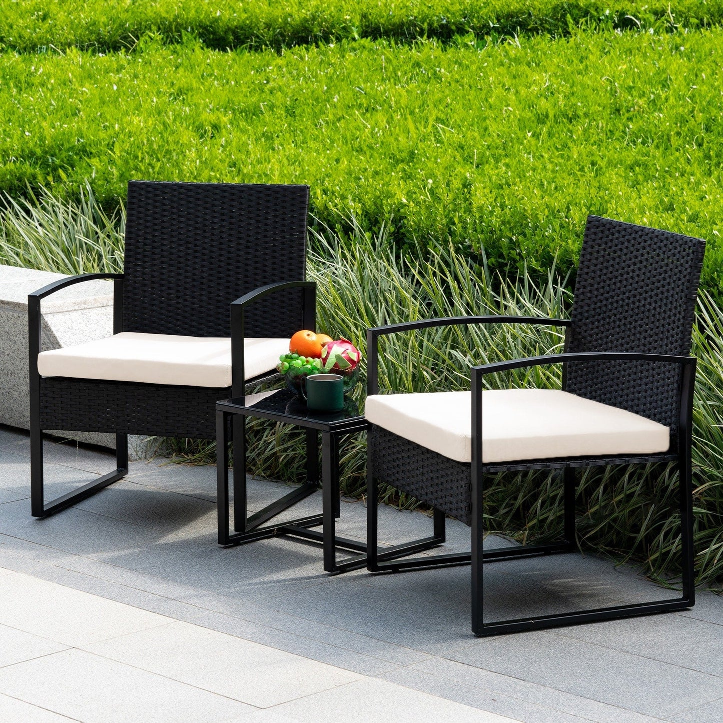 Set da bistrot da giardino, 3 pezzi, set di mobili da esterno con tavolo in vetro, set da conversazione in rattan per veranda, giardino, balcone