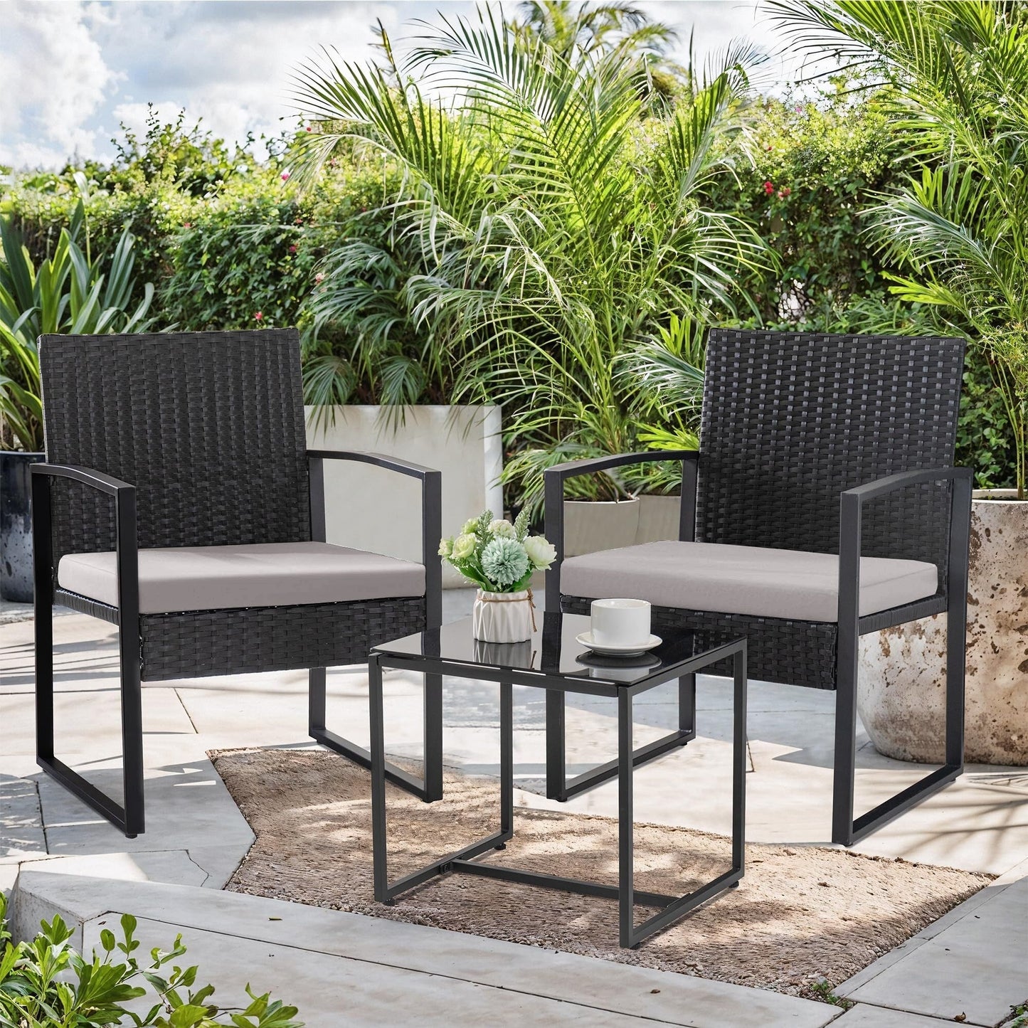 Set da bistrot da giardino, 3 pezzi, set di mobili da esterno con tavolo in vetro, set da conversazione in rattan per veranda, giardino, balcone