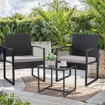 Set da bistrot da giardino, 3 pezzi, set di mobili da esterno con tavolo in vetro, set da conversazione in rattan per veranda, giardino, balcone