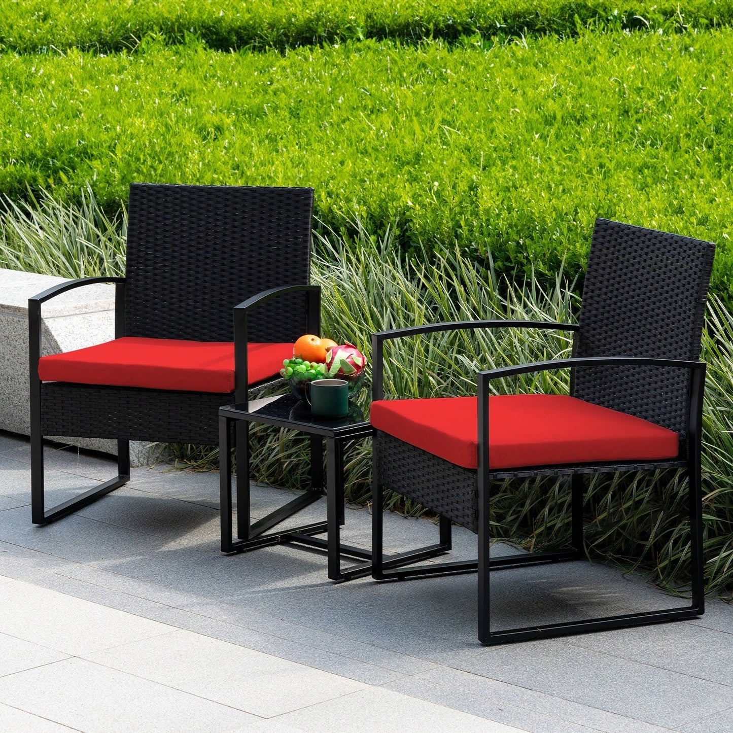 Set da bistrot da giardino, 3 pezzi, set di mobili da esterno con tavolo in vetro, set da conversazione in rattan per veranda, giardino, balcone