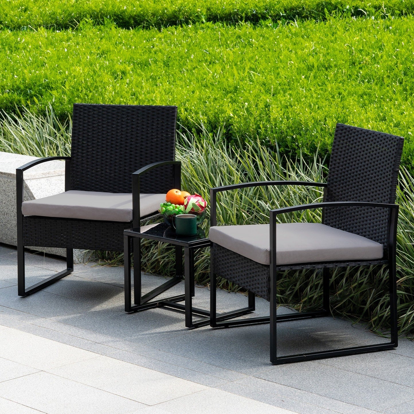 Set da bistrot da giardino, 3 pezzi, set di mobili da esterno con tavolo in vetro, set da conversazione in rattan per veranda, giardino, balcone