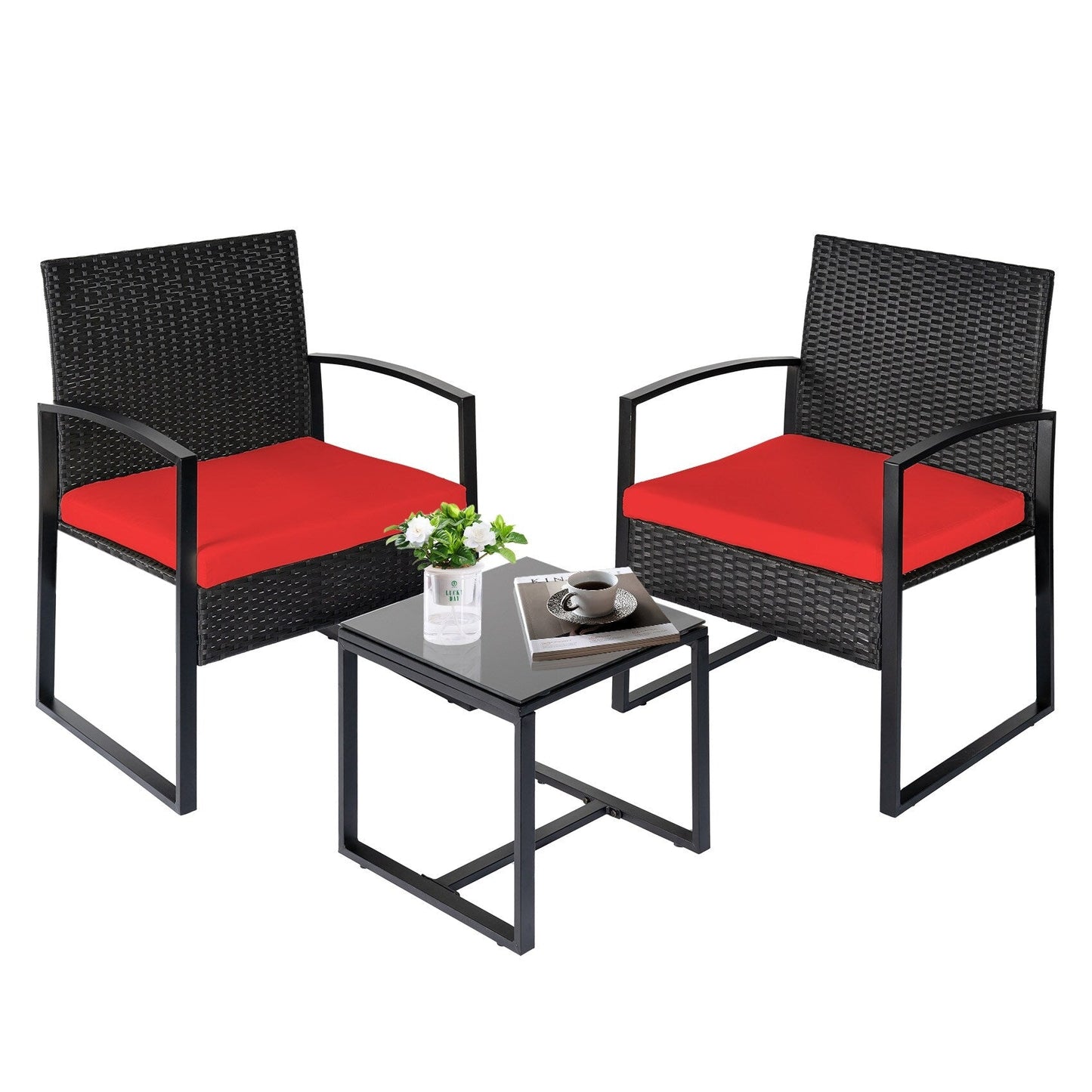 Set da bistrot da giardino, 3 pezzi, set di mobili da esterno con tavolo in vetro, set da conversazione in rattan per veranda, giardino, balcone