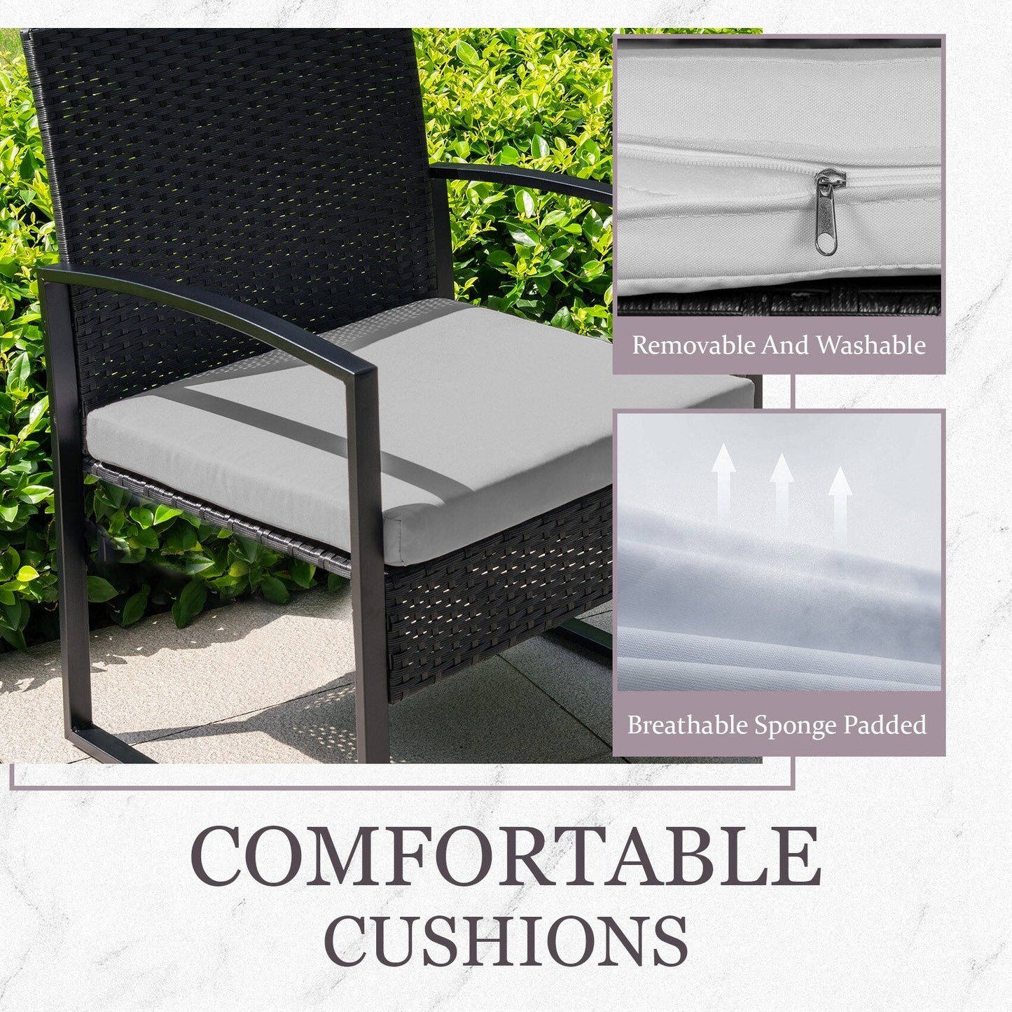 Set da bistrot da giardino, 3 pezzi, set di mobili da esterno con tavolo in vetro, set da conversazione in rattan per veranda, giardino, balcone