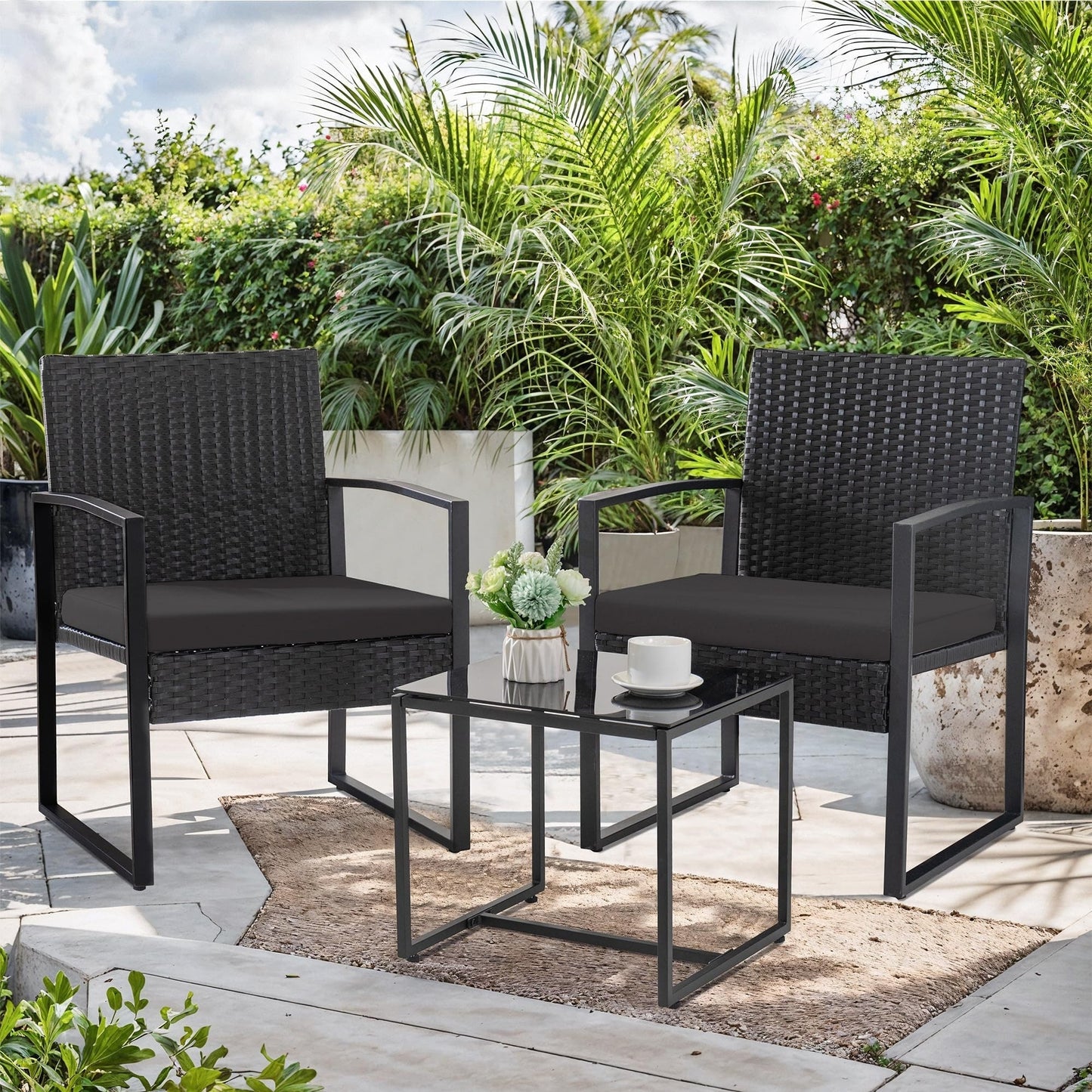 Set da bistrot da giardino, 3 pezzi, set di mobili da esterno con tavolo in vetro, set da conversazione in rattan per veranda, giardino, balcone