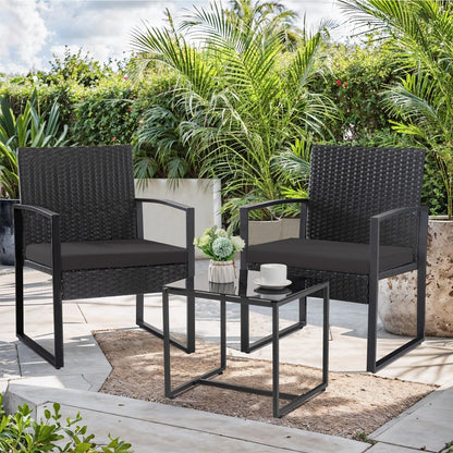 Set da bistrot da giardino, 3 pezzi, set di mobili da esterno con tavolo in vetro, set da conversazione in rattan per veranda, giardino, balcone