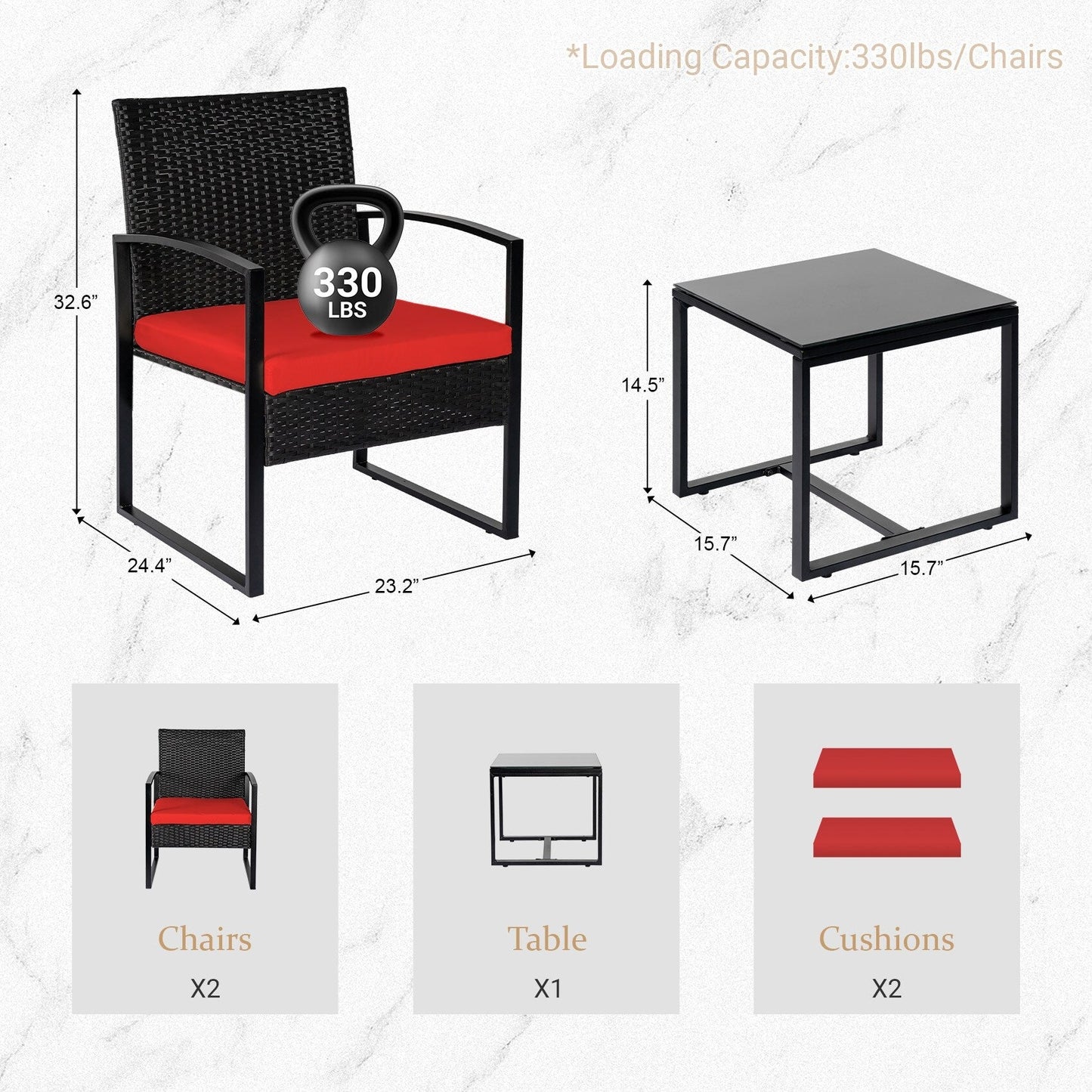 Set da bistrot da giardino, 3 pezzi, set di mobili da esterno con tavolo in vetro, set da conversazione in rattan per veranda, giardino, balcone