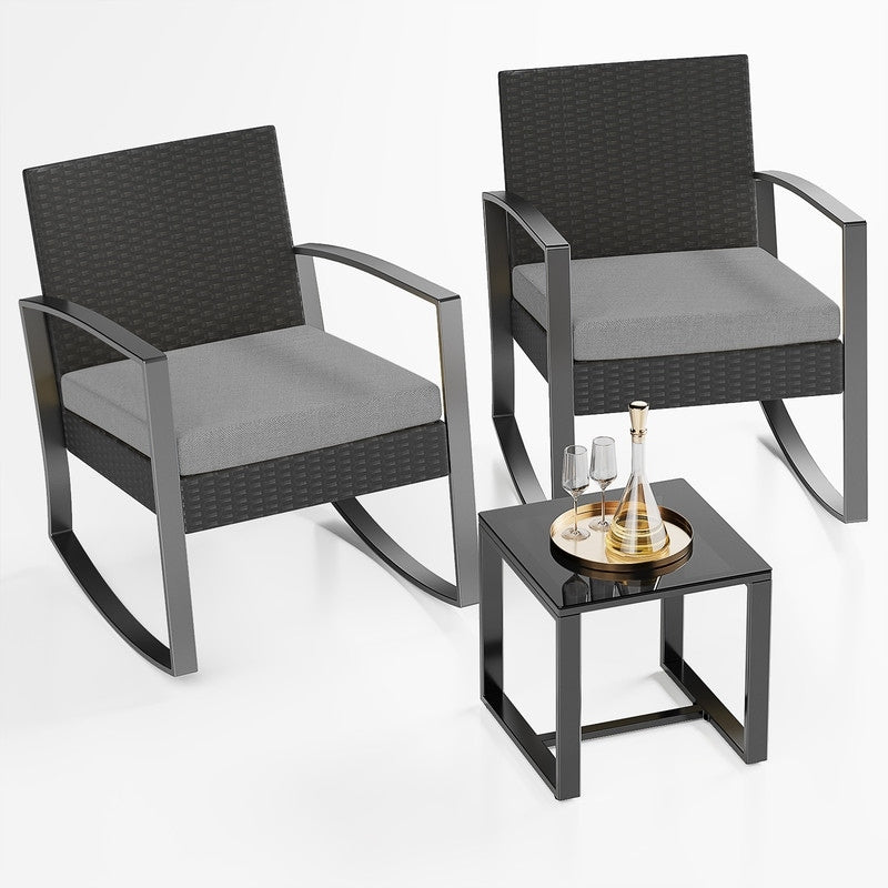 Set da patio in vimini da 3 pezzi con cuscino, set di sedie da esterno con tavolo in vetro, sedia in rattan, set da bistrot moderno