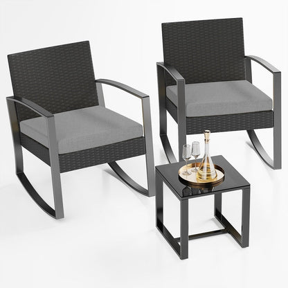 Set da patio in vimini da 3 pezzi con cuscino, set di sedie da esterno con tavolo in vetro, sedia in rattan, set da bistrot moderno